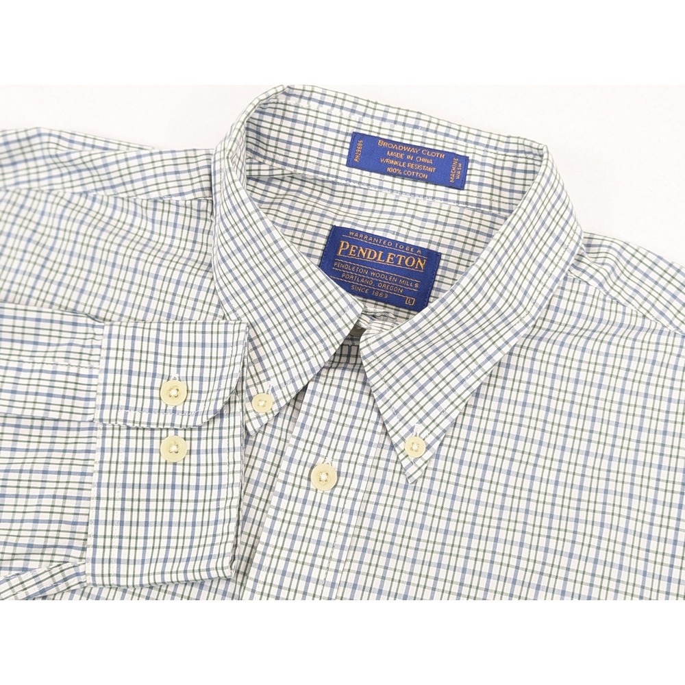 Pendleton Shirt Mens Large LG White Green Broadway Cloth Wrinkle Resistant